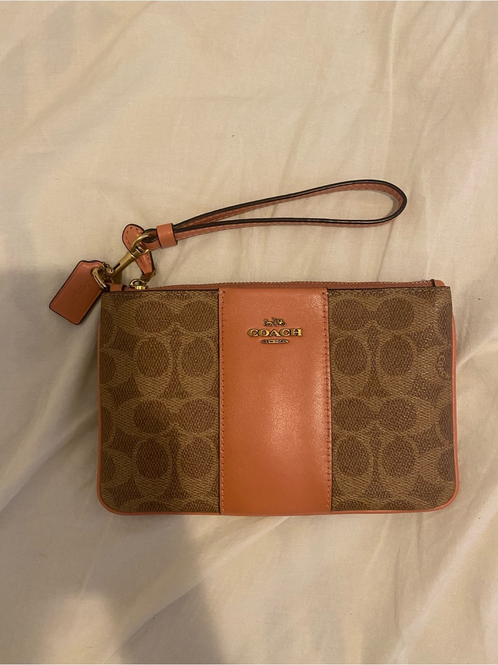 Coach Brown Signature Canvas Wristlet with Coral Trim